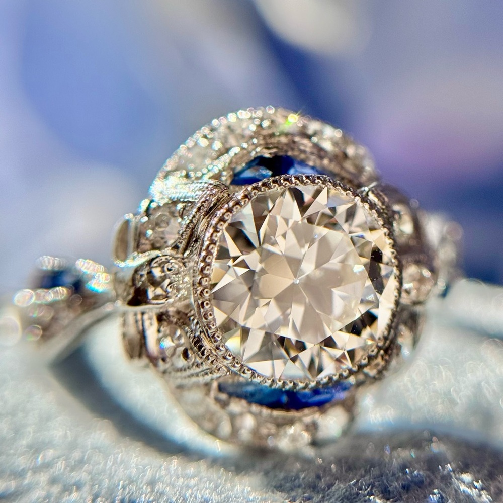 GIA Certified Edwardian to Art Deco Diamond Sapphire Bow Engagement Ring